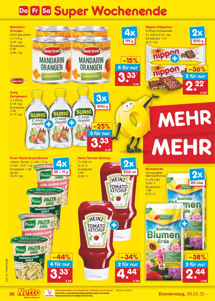 Aktueller Prospekt Netto Marken-Discount - Filial-Angebote - von 06.03 bis 11.03.2023 - strona 36 - produkty: Becher, bestpreis, blume, blumen, blumenerde, eis, elle, erde, essig, heinz, ketchup, knorr, knorr pasta, ndk, nippon, orange, orangen, pasta, pasta snack, reis, schoko, schokolade, snack, Spezi, Ti, tomato ketchup, zucker