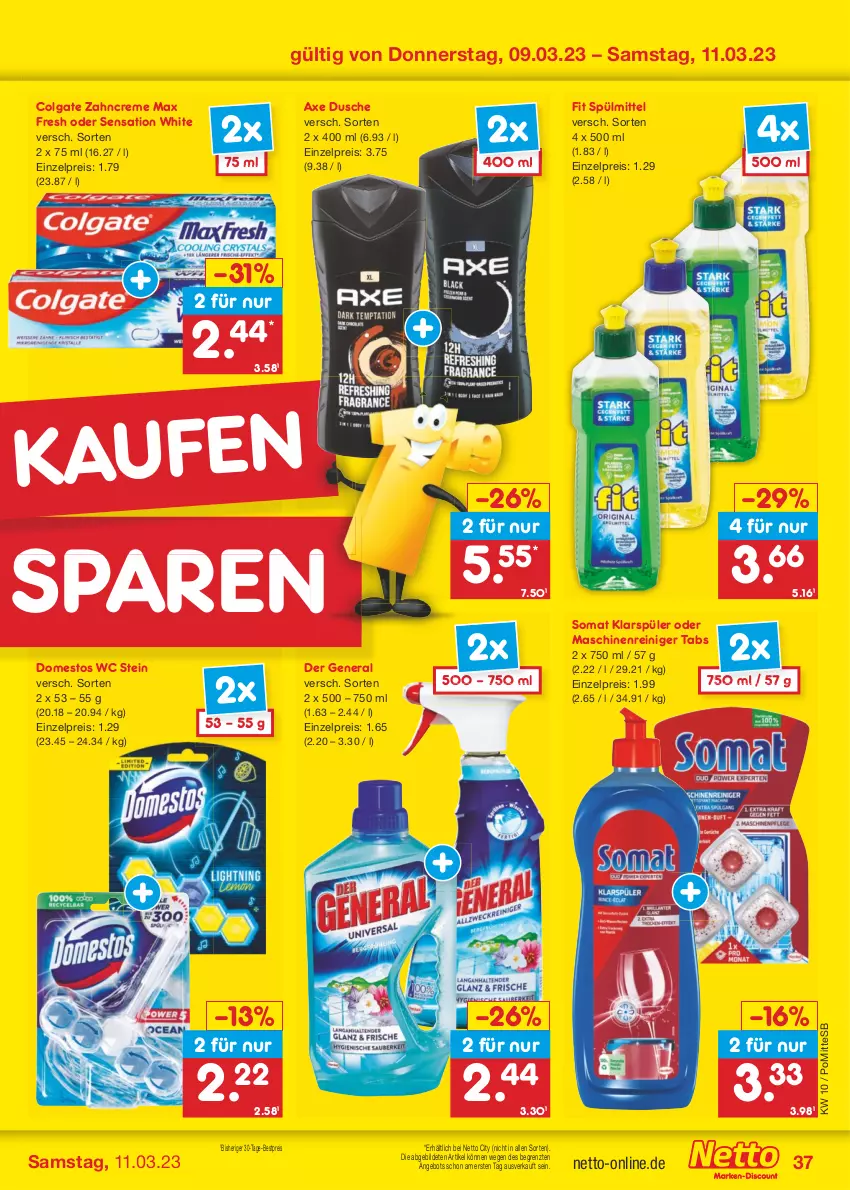 Aktueller Prospekt Netto Marken-Discount - Filial-Angebote - von 06.03 bis 11.03.2023 - strona 37 - produkty: angebot, axe, bestpreis, colgate, creme, domestos, dusche, eis, klarspüler, LG, maschinenreiniger, Max Fresh, reiniger, reis, somat, spülmittel, Ti, zahncreme, ZTE