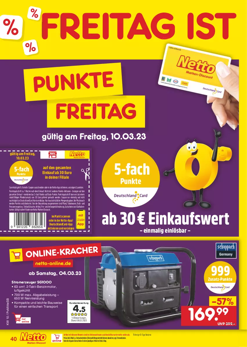 Aktueller Prospekt Netto Marken-Discount - Filial-Angebote - von 06.03 bis 11.03.2023 - strona 40 - produkty: Bau, bestpreis, buch, coupon, deutschlandcard, discount, eduscho, eis, erde, gabel, guthabenkarte, gutschein, gutscheine, mac, marken-discount, milch, ndk, Rauch, reis, Sport, Stromerzeuger, Tchibo, Ti