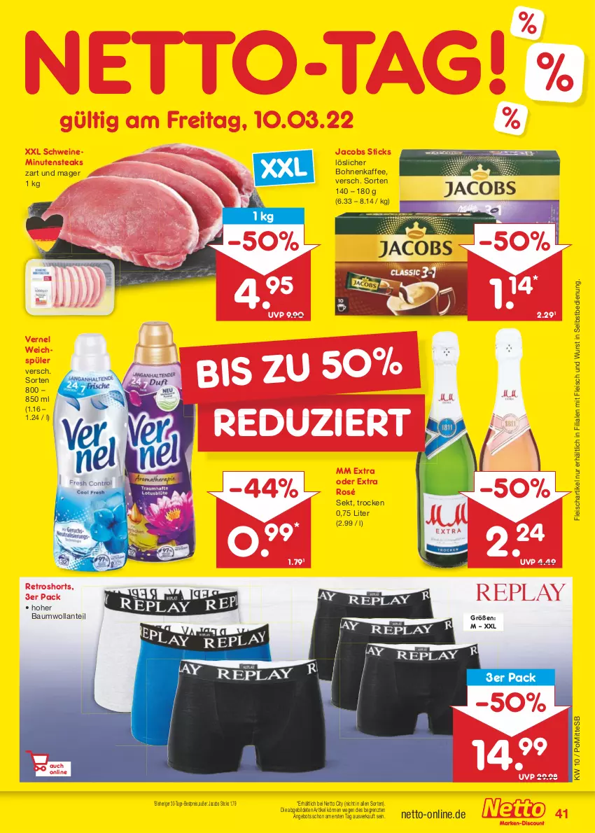 Aktueller Prospekt Netto Marken-Discount - Filial-Angebote - von 06.03 bis 11.03.2023 - strona 41 - produkty: angebot, Bau, bestpreis, bohne, bohnen, bohnenkaffee, eis, fleisch, jacobs, kaffee, löslicher bohnenkaffee, minutensteaks, mm extra, reis, retroshorts, schwein, schweine, sekt, shorts, steak, steaks, Ti, vernel, weichspüler, wein, weine, wurst, wurst in selbstbedienung, ZTE