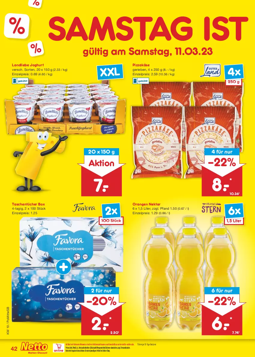 Aktueller Prospekt Netto Marken-Discount - Filial-Angebote - von 06.03 bis 11.03.2023 - strona 42 - produkty: bestpreis, eis, joghur, joghurt, Käse, landliebe, landliebe joghurt, ndk, Nektar, orange, orangen, pizza, reis, Tasche, taschen, taschentücher, Ti, tücher