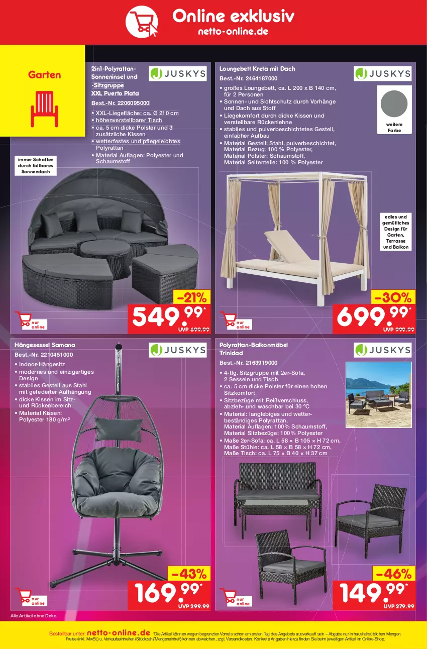 Aktueller Prospekt Netto Marken-Discount - Filial-Angebote - von 06.03 bis 11.03.2023 - strona 46 - produkty: angebot, Bau, bett, eis, ente, Garten, hängesessel, kissen, LG, Liege, möbel, Mode, ndk, reis, Ria, rückenlehne, sessel, Sofa, Stühl, Ti, tisch, ZTE