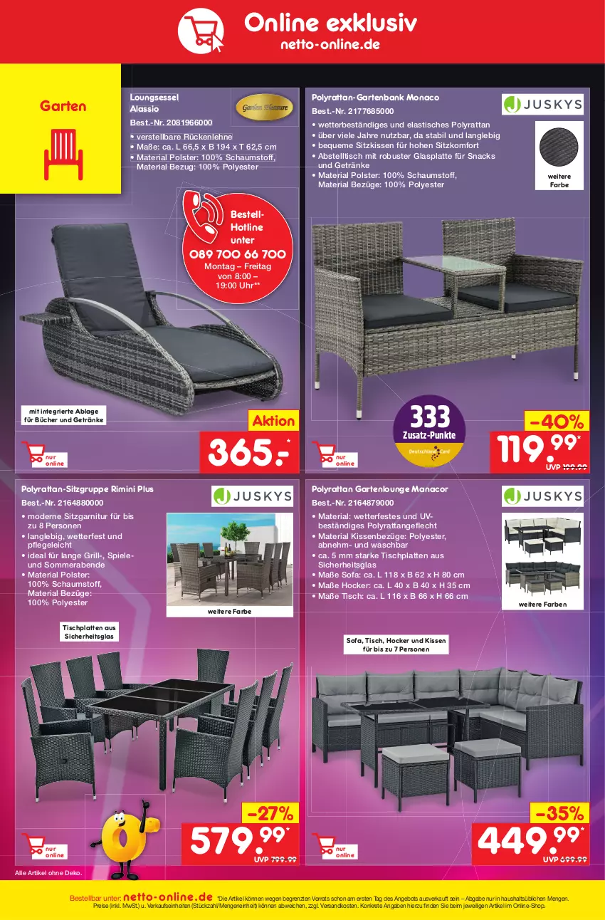 Aktueller Prospekt Netto Marken-Discount - Filial-Angebote - von 06.03 bis 11.03.2023 - strona 48 - produkty: angebot, asti, Bank, eis, garnitur, Garten, gartenbank, Gartenlounge, getränk, getränke, glasplatte, grill, hocker, HP, kissen, latte, Mode, ndk, reis, Ria, rückenlehne, sessel, sitzkissen, snack, snacks, Sofa, Spiele, telefon, Ti, tisch, tischplatte, Tischplatten, uhr, ZTE