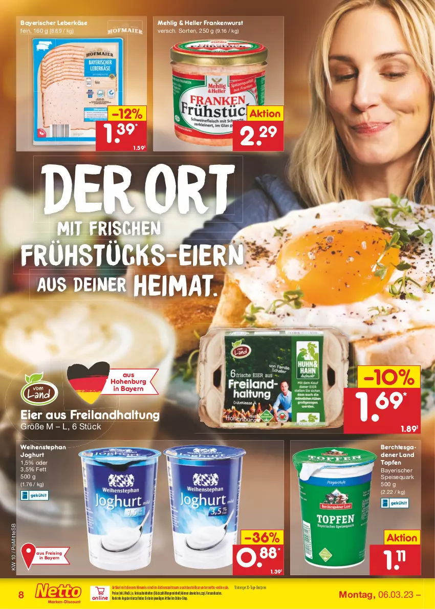 Aktueller Prospekt Netto Marken-Discount - Filial-Angebote - von 06.03 bis 11.03.2023 - strona 8 - produkty: bestpreis, eier, eis, elle, joghur, joghurt, Käse, leberkäs, leberkäse, mehl, ndk, quark, reis, speisequark, Ti, topf, Topfen, weihenstephan, wurst