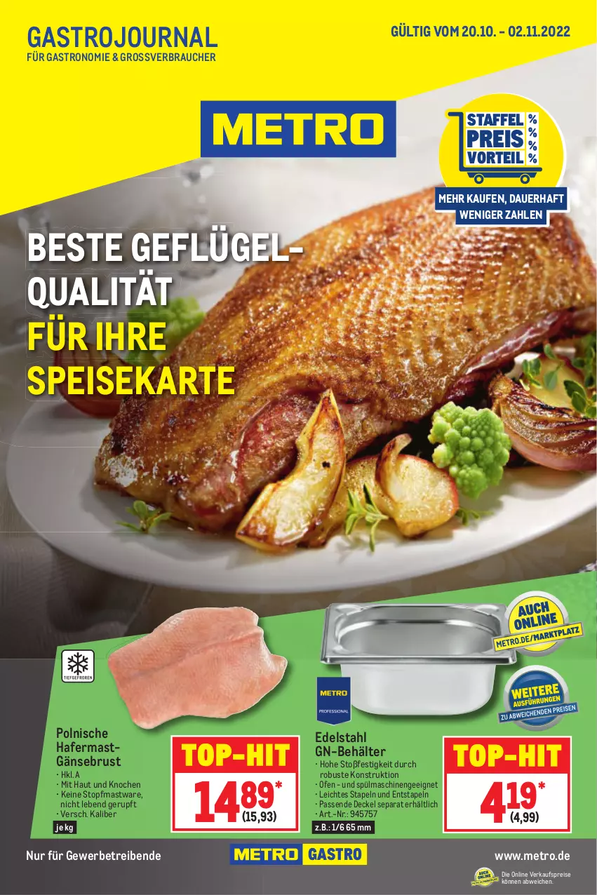 Aktueller Prospekt Metro - GastroJournal - von 20.10 bis 02.11.2022 - strona 1 - produkty: auer, Behälter, decke, Deckel, edelstahl, eis, Gänsebrust, Geflügel, hafer, Metro, Ofen, Rauch, reis, spülmaschinen, Ti, top-hit, topf