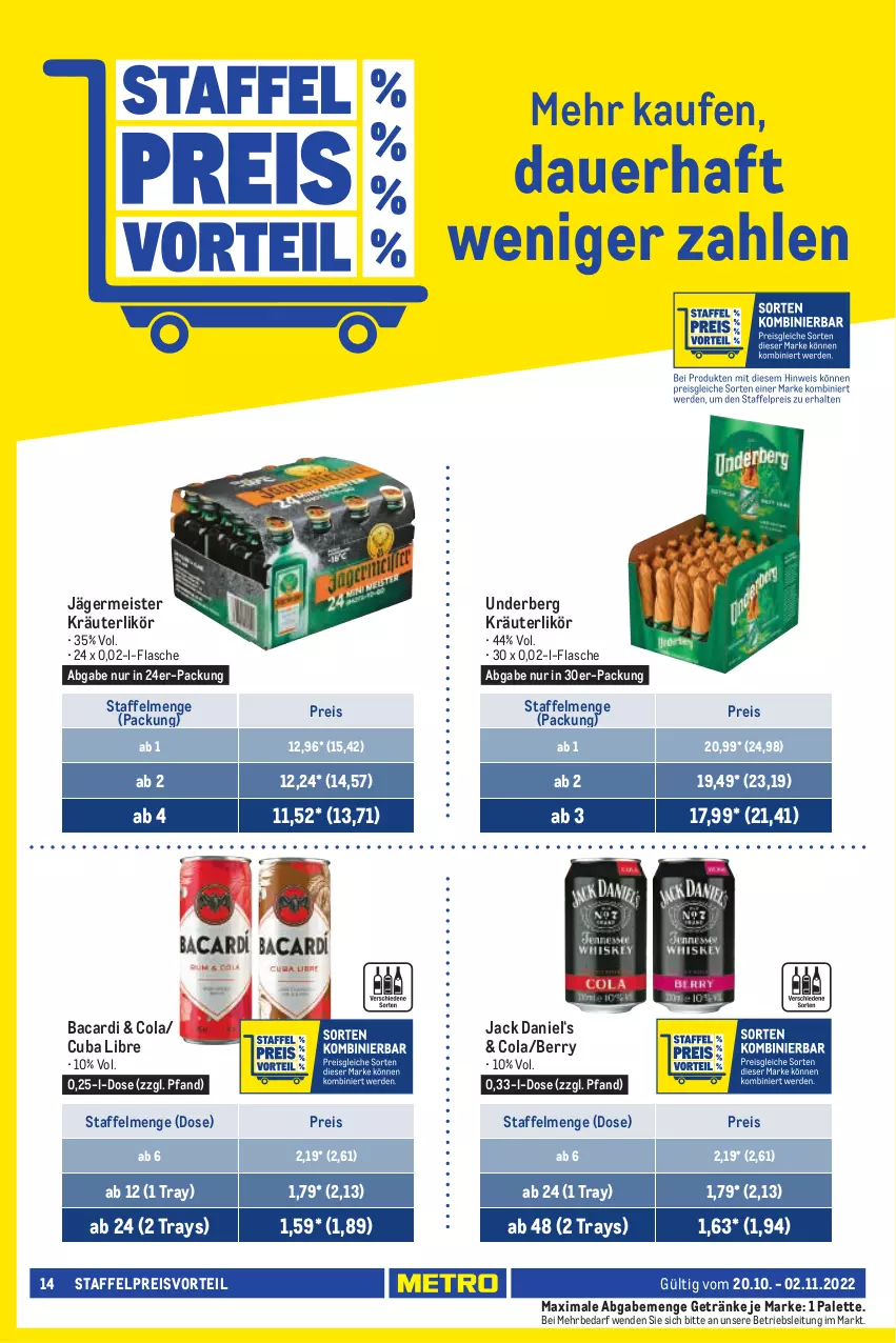 Aktueller Prospekt Metro - GastroJournal - von 20.10 bis 02.11.2022 - strona 14 - produkty: auer, bacardi, cola, eis, flasche, Germ, getränk, getränke, jack daniel, jägermeister, kräuter, kräuterlikör, likör, Meister, Palette, preisvorteil, reis, Ti, underberg