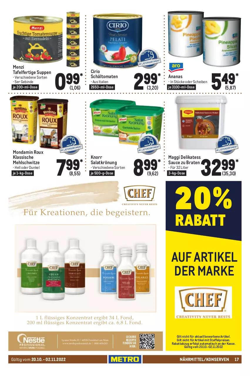 Aktueller Prospekt Metro - GastroJournal - von 20.10 bis 02.11.2022 - strona 17 - produkty: ananas, auto, braten, cirio, delikatess sauce, eis, knorr, Konserven, LG, lyoner, maggi, mehl, mondamin, reis, rezept, rezepte, salat, salatkrönung, sauce, suppe, suppen, Ti, tisch, tomate, tomaten, Yo