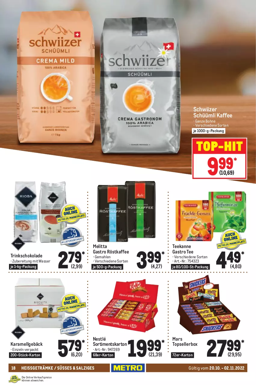 Aktueller Prospekt Metro - GastroJournal - von 20.10 bis 02.11.2022 - strona 18 - produkty: bohne, eis, elle, kaffee, karamell, LG, mars, melitta, nestlé, reis, röstkaffee, salz, schoko, schokolade, tee, teekanne, Ti, top-hit, wasser