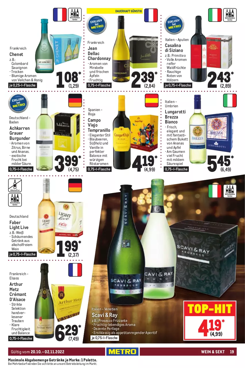 Aktueller Prospekt Metro - GastroJournal - von 20.10 bis 02.11.2022 - strona 19 - produkty: alkohol, ananas, aperitif, apfel, asti, auer, Bad, beere, beeren, Blaubeer, blaubeere, brie, burgunder, campo viejo, Casali, chardonnay, dell, ecco, elle, ente, fanta, flasche, frizzante, frucht, früchte, getränk, getränke, grauer burgunder, Holz, honig, Palette, primitivo, prosecco, Rauch, rioja, sac, sauvignon, sekt, tempranillo, Ti, tisch, top-hit, trauben, vanille, wein