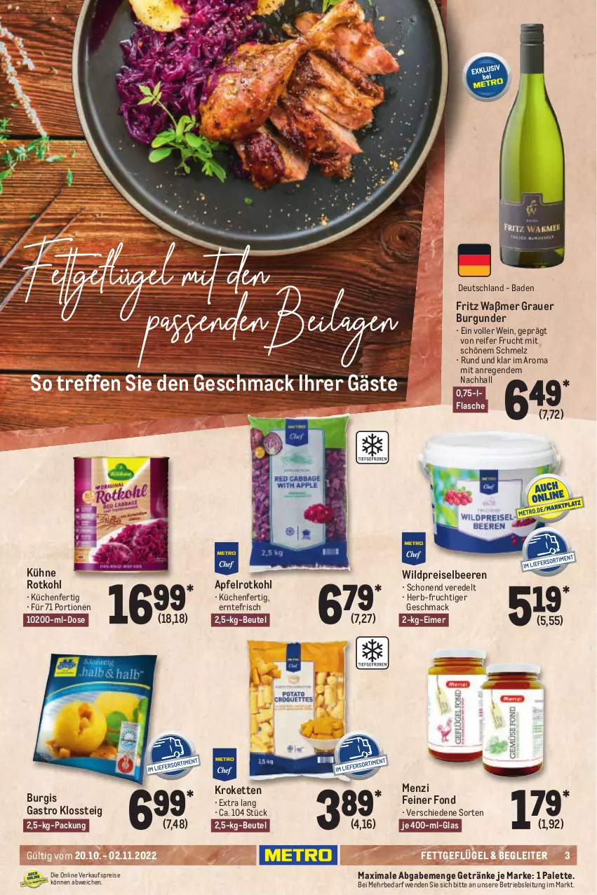 Aktueller Prospekt Metro - GastroJournal - von 20.10 bis 02.11.2022 - strona 3 - produkty: apfel, auer, Bad, beere, beeren, beutel, burgunder, eimer, eis, flasche, fritz, frucht, Geflügel, getränk, getränke, grauer burgunder, Kette, Kroketten, küche, Küchen, Kühne, mac, Palette, reis, rotkohl, Ti, wein, Wild