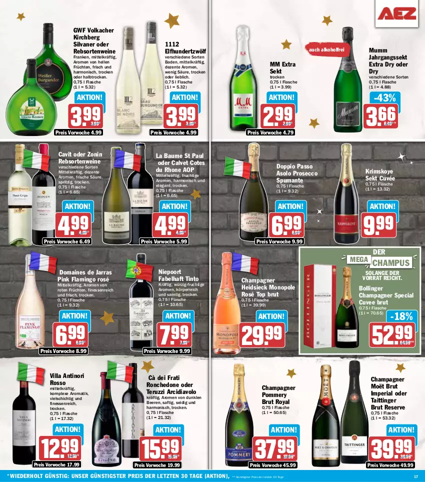 Aktueller Prospekt Aez - Prospekte - von 16.12 bis 21.12.2024 - strona 17 - produkty: alkohol, Bad, Bau, beere, beeren, brut, champagne, champagner, cuvée, doppio passo, ecco, eis, elle, ente, finesse, flasche, frucht, früchte, früchten, jahrgangssekt, mm extra, mumm, passo, prosecco, puma, rebsortenweine, reis, Ria, saft, sekt, silvaner, spumante, Ti, wein, weine, zonin, ZTE