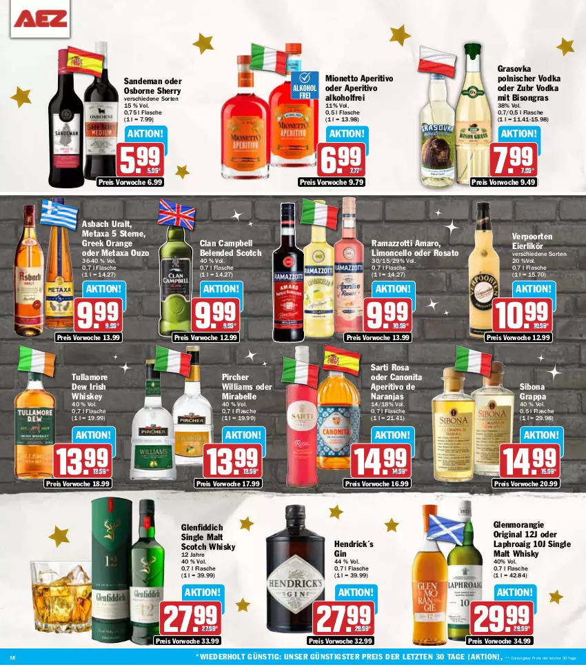 Aktueller Prospekt Aez - Prospekte - von 16.12 bis 21.12.2024 - strona 18 - produkty: alkohol, amaro, asbach uralt, Bona, canon, eier, eierlikör, eis, elle, flasche, gin, grappa, irish whiskey, laphroaig, likör, limo, Metaxa, mionetto, orange, osborne, ouzo, pircher, rama, ramazzott, ramazzotti, reis, rosato, scotch, scotch whisky, single malt, Ti, tullamore, tullamore dew, verpoorten, vodka, whiskey, whisky, zott, ZTE