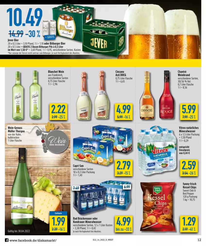 Aktueller Prospekt Diska - Prospekte - von 04.04 bis 09.04.2022 - strona 12 - produkty: Alwa, asti, auer, Bad, bier, bitburger, bitburger pils, burger, Cap, capri-sun, chili, chips, cin, cinzano, eis, flasche, funny-frisch, jever, mineralwasser, Müller, nuss, pils, reis, Ti, vitrex, wasser, wein, weinbrand