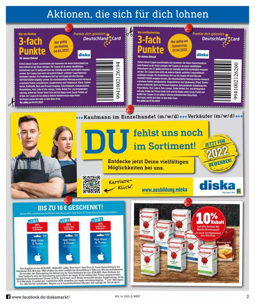 Aktueller Prospekt Diska - Prospekte - von 04.04 bis 09.04.2022 - strona 2 - produkty: angebot, Apple, arlo, auto, buch, coupon, decke, deka, deutschlandcard, erde, guthabenkarte, gutschein, kraft, LG, Mett, ritter, rwe, Sushi, tee, telefon, Ti, tisch, usb