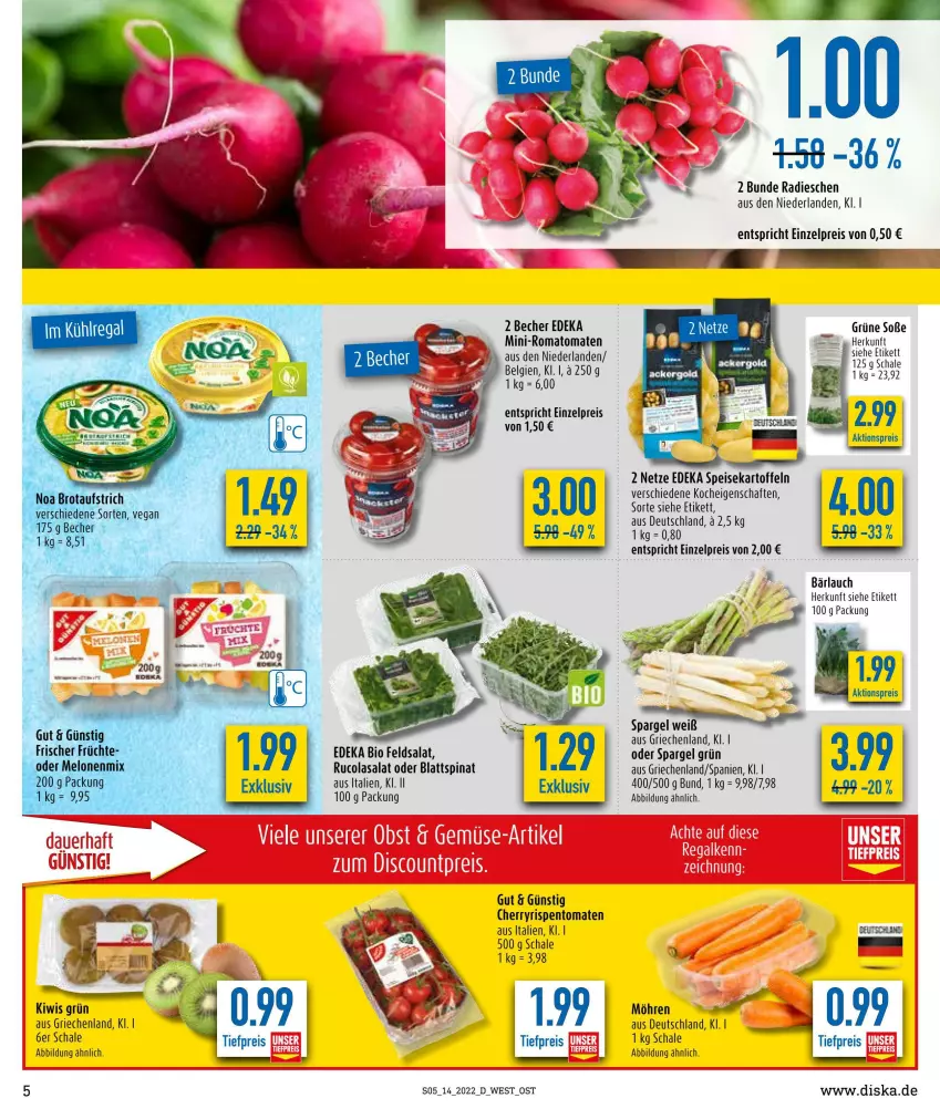 Aktueller Prospekt Diska - Prospekte - von 04.04 bis 09.04.2022 - strona 5 - produkty: aktionspreis, aufstrich, Becher, bio, blattspinat, cola, deka, discount, edeka bio, eis, feldsalat, kartoffel, kartoffeln, kiwi, LG, möhren, radieschen, reis, rispentomaten, Romatomaten, rucola, salat, Schal, Schale, Soße, spargel, spargel grün, speisekartoffeln, spinat, Ti, tiefpreis, tomate, tomaten