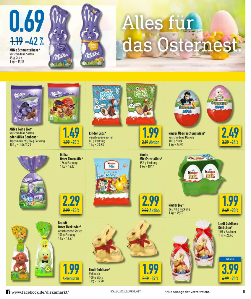 Aktueller Prospekt Diska - Prospekte - von 04.04 bis 09.04.2022 - strona 8 - produkty: alpenmilch, bonbons, brandt, eier, Kinder, Körbchen, lindt, milch, milka, Ti, vollmilch