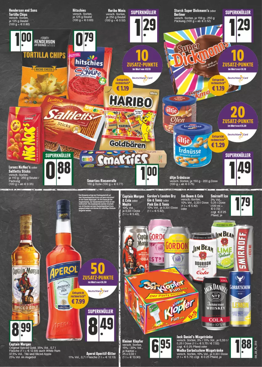 Aktueller Prospekt E Center - Angebote der Woche - von 21.02 bis 26.02.2022 - strona 13 - produkty: aperitif, aperol, beutel, Cap, captain morgan, cola, enders, ente, erdnüsse, flasche, getränk, getränke, gin, gordon, Gordon’s, haribo, jack daniel, jack daniel's, london dry, Mixgetränk, nolte, original spiced gold, ring, rum, smarties, smirnoff, tee, Ti, tonic, ültje, ültje erdnüsse, white rum