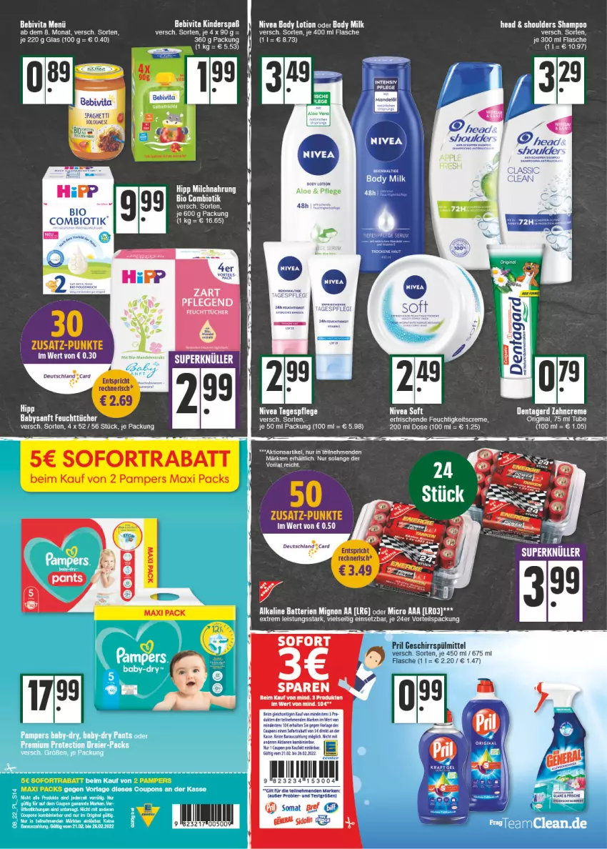 Aktueller Prospekt E Center - Angebote der Woche - von 21.02 bis 26.02.2022 - strona 14 - produkty: baby-dry, batterie, batterien, bebivita, body, body lotion, body milk, coupon, coupons, creme, eis, feuchtigkeitscreme, feuchttücher, flasche, gin, Käse, Kinder, lamm, Lotion, mam, nivea, pampers, shampoo, sofortrabatt, somat, spaghetti, Tagespflege, Ti, tücher, vita, zahncreme