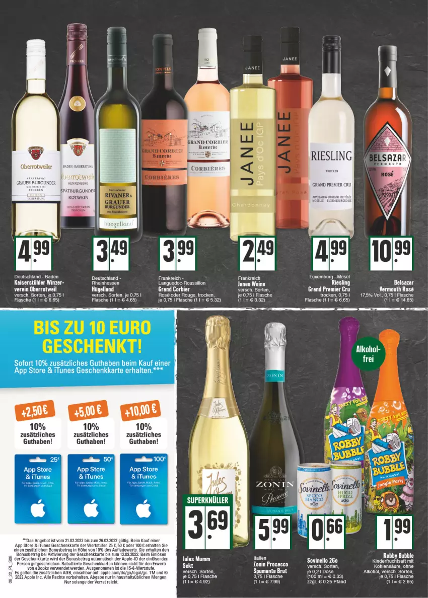 Aktueller Prospekt E Center - Angebote der Woche - von 21.02 bis 26.02.2022 - strona 8 - produkty: alkohol, angebot, Apple, auer, auto, Bad, burgunder, ecco, elle, ente, erde, flasche, grauer burgunder, jules mumm, Kaiser, LG, mumm, prosecco, qualitätswein, rotwein, rouge, rwe, spätburgunder, stuhl, Ti, tisch, usb, Vermouth, wein