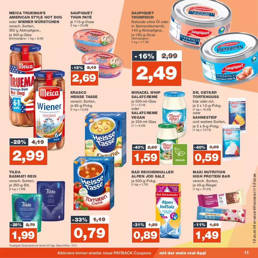 Aktueller Prospekt Real - von 18.09 bis 23.09.2023 - strona 11 - produkty: Bad, basmati, Basmati Reis, blume, blumen, blumenöl, coupon, coupons, creme, Dr. Oetker, eis, erasco, fisch, hot dog, meica, miracel, miracel whip, natur, natura, payback, reis, riegel, sahne, sahnesteif, salat, salatcreme, salz, saupiquet, sonnenblume, sonnenblumen, sonnenblumenöl, tasse, thunfisch, Ti, torte, tortenguss, wiener, wiener würstchen, würstchen, ZTE