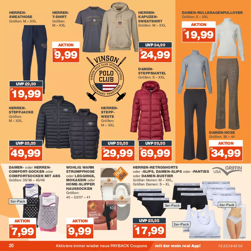 Aktueller Prospekt Real - von 18.09 bis 23.09.2023 - strona 20 - produkty: coupon, coupons, damen-hose, Damen-Slip, damen-slips, gin, Haussocken, hose, Jacke, Kapuzensweatshirt, leggings, Mantel, payback, Pullover, retroshorts, rum, shirt, shorts, slip, Slipper, slips, socken, Steppjacke, Steppmante, Stier, Strumpfhose, Sweathose, Sweatshirt, T-Shirt, Ti, Weste