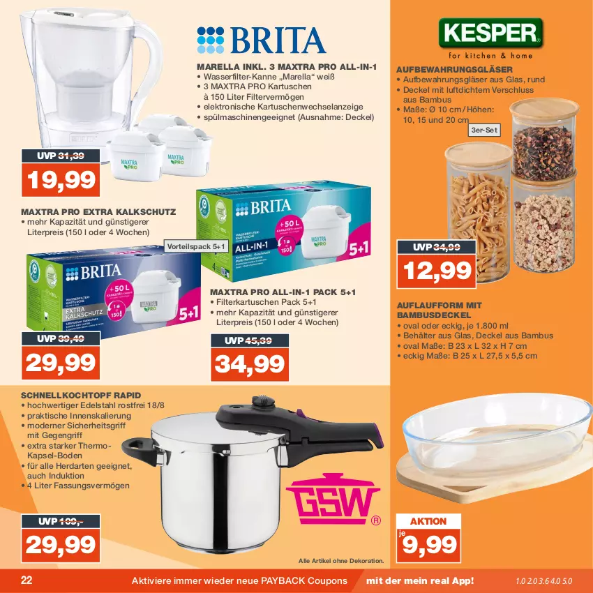 Aktueller Prospekt Real - von 18.09 bis 23.09.2023 - strona 22 - produkty: alle artikel ohne dekoration, bambus, Behälter, coupon, coupons, decke, Deckel, dekoration, edelstahl, eis, Elan, Elektro, filterkartuschen, Gläser, herdarten, Kochtopf, Maxtra, Mode, payback, reis, rel, Schnellkochtopf, spülmaschinen, Ti, tisch, topf, wasser, wasserfilter