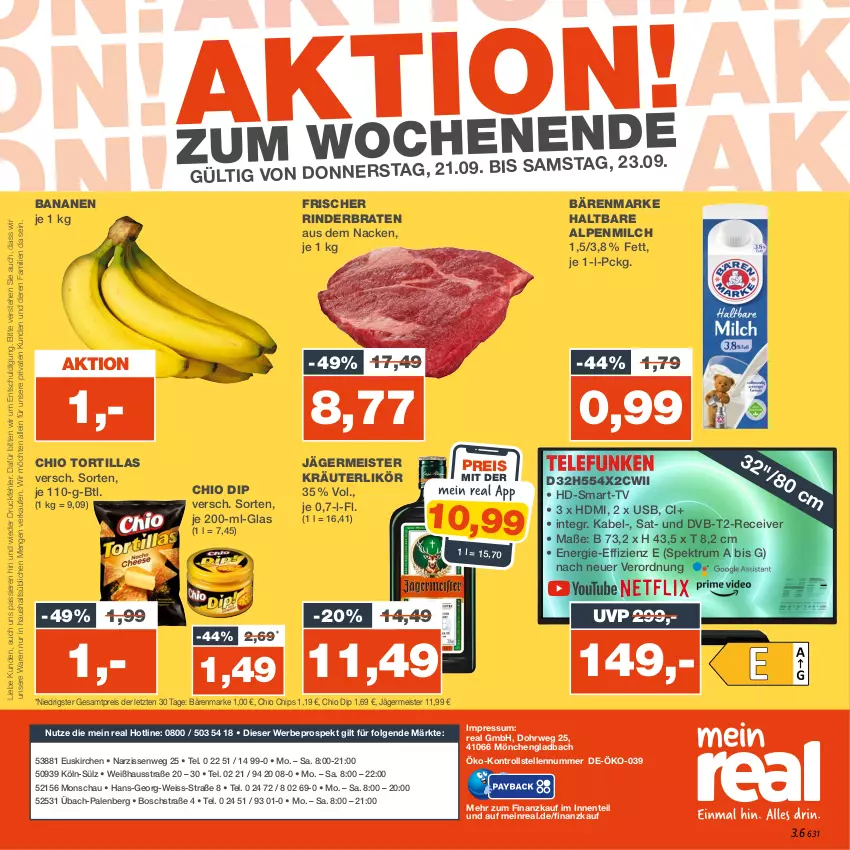 Aktueller Prospekt Real - von 18.09 bis 23.09.2023 - strona 28 - produkty: alpenmilch, banane, bananen, bärenmarke, bosch, braten, chio chips, chips, dip, dvb, DVB-T, eis, elle, ente, Germ, HDMI, jägermeister, kräuter, kräuterlikör, LG, likör, Meister, milch, Narzissen, Receiver, reis, rind, rinder, rinderbraten, rum, rwe, Spektrum, Ti, tortilla, tortillas, usb, ZTE