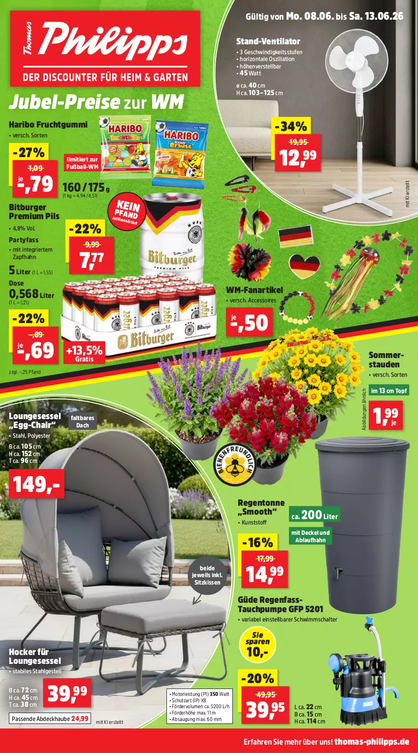 Aktueller Prospekt Thomas Philipps - von 08.06 bis 13.06.2026 - strona 1 - produkty: abdeckhaube, ACC, accessoires, ball, bitburger, burger, decke, Deckel, eis, Fanartikel, frucht, fruchtgummi, Fußball, haribo, hocker, HP, jubel-preis, kissen, LG, loungesessel, pils, premium pils, reis, Ria, Schal, sessel, sitzkissen, stauden, Ti, topf, ventilator