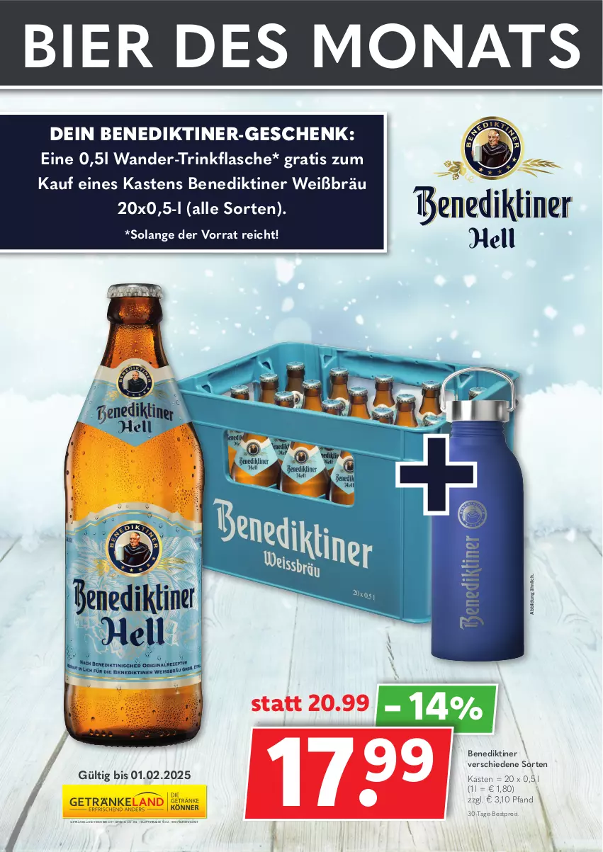 Aktueller Prospekt Getraenkeland - von 06.01 bis 01.02.2025 - strona 2 - produkty: Benediktiner, bestpreis, bier, eis, Elan, flasche, getränk, getränke, reis, Ti, trinkflasche