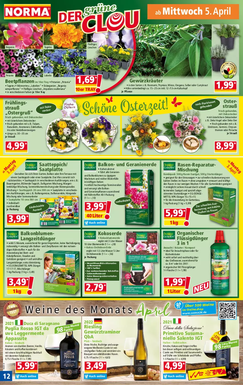 Aktueller Prospekt Norma - Norma - von 03.04 bis 10.04.2023 - strona 12 - produkty: auer, Bau, Bauer, beere, beeren, beetpflanzen, Begonia, Begonie, blume, blumen, blumenerde, Blüte, curry, cuvée, dünger, Egger, eier, eis, elle, ente, erde, Feigen, flasche, flüssigdünger, frucht, Garten, geranie, geranien, Geranienerde, Germ, gewürz, kaffee, kakao, Kinder, kirsch, kirsche, kokos, Kraut, kräuter, kräutern, kübelpflanzen, küche, Küchen, kulturtopf, latte, Lobelie, minze, orchidee, orchideen, Orchideenerde, petunie, petunien, pfeffer, pflanze, pflanzen, pril, primitivo, rasen, Ria, riesling, rosen, rosmarin, saft, schoko, schokolade, Spezi, stauden, teppich, Ti, topf, usb, vanille, Vegeta, wasser, wein, weine, Weißwein, weißwein-