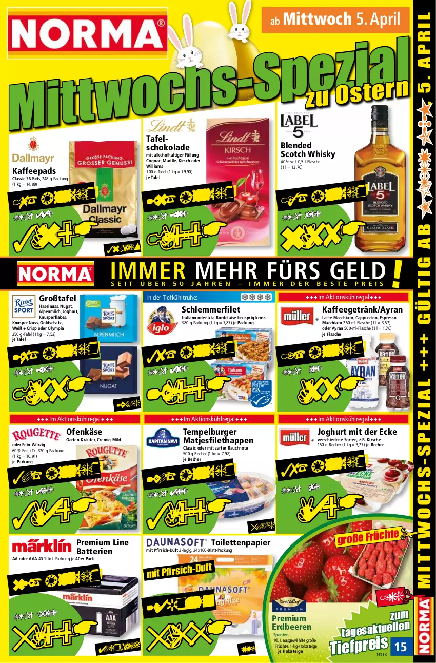 Aktueller Prospekt Norma - Norma - von 03.04 bis 10.04.2023 - strona 15 - produkty: à la bordelaise, ACC, alkohol, alpenmilch, Ayran, batterie, batterien, Becher, beere, beeren, blended scotch, blended scotch whisky, bordelaise, burger, Cap, cappuccino, chia, cin, Cognac, eis, erdbeere, erdbeeren, espresso, filet, flakes, flasche, früchte, Garten, getränk, haselnuss, Holz, joghur, joghurt, joghurt mit der ecke, kaffee, kaffeepads, Käse, kirsch, kirsche, kräuter, kühlregal, latte, latte macchiato, mac, macchiato, matjes, Matjesfilet, milch, nuss, Ofen, Ofenkäse, papier, pfirsich, pril, Rauch, regal, reis, schlemmerfilet, schoko, schokolade, scotch, scotch whisky, tafelschokolade, Ti, tiefpreis, toilettenpapier, whisky