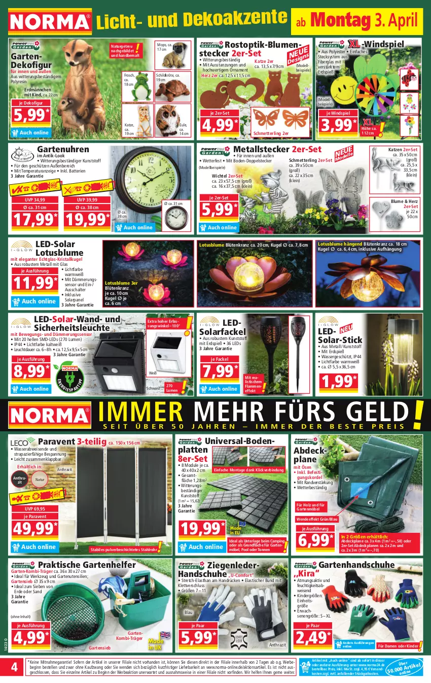 Aktueller Prospekt Norma - Norma - von 03.04 bis 10.04.2023 - strona 4 - produkty: abdeckplane, asti, auer, batterie, batterien, Bebe, blume, blumen, Blüte, Bodenplatte, Dekofigur, dell, eis, elle, ente, erde, Frosch, Garten, gartenmöbel, gin, gsw, handschuhe, Holz, Kinder, Kranz, Kugel, lamm, latte, leds, Leuchte, Mett, möbel, Mode, natur, ndk, Paravent, pool, pril, reis, Schal, Schmetterling, schuhe, Schütze, Solarfackel, Spiele, Ti, tisch, uhr, usb, wasser, werkzeug, Wichtel