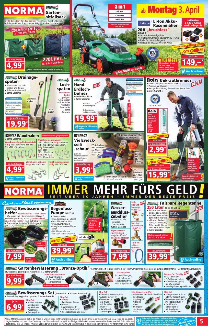 Aktueller Prospekt Norma - Norma - von 03.04 bis 10.04.2023 - strona 5 - produkty: adapter, akku, auer, Bebe, Behälter, beutel, brause, bürste, bürsten, decke, Deckel, eis, elle, garnitur, Garten, gin, kraft, Kraut, Kugel, ladegerät, lamm, LG, Maurerschnur, ndk, passend für alle, pril, rasen, rasenmäher, Rauch, reis, Ria, Roller, sac, schlauch, Seilschnur, senf, shake, Spaten, Ti, tisch, Vielzweckseil, wasser, weck