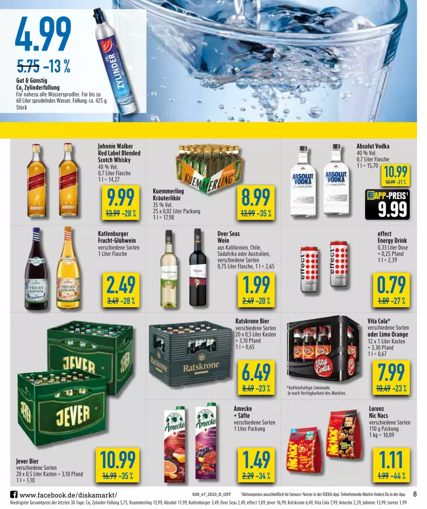 Aktueller Prospekt Diska - Prospekte - von 20.11 bis 25.11.2023 - strona 8 - produkty: Absolut Vodka, aktionspreis, amecke, aust, bier, burger, cola, deka, drink, Effect, eis, energy drink, flasche, frucht, Glühwein, jever, johnnie walker, katlenburger, kräuter, kräuterlikör, krone, kuemmerling, likör, limo, limonade, lorenz, merl, nuss, orange, reis, säfte, scotch, scotch whisky, Sprudel, Ti, vita, Vita C, vodka, wasser, wassersprudler, wein, whisky, ZTE