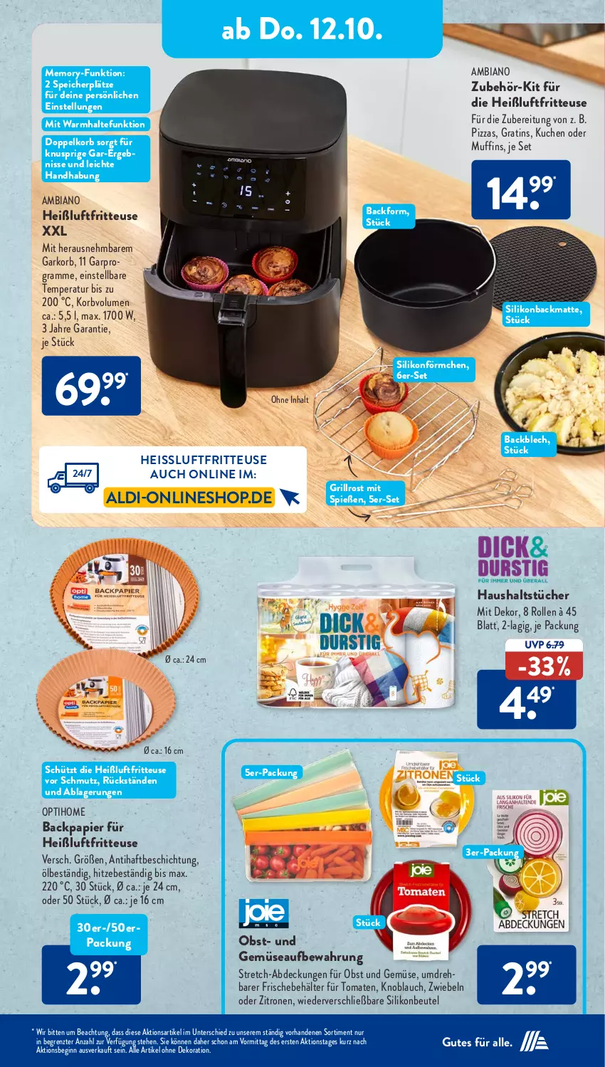 Aktueller Prospekt AldiSud - NÄCHSTE WOCHE - von 09.10 bis 14.10.2023 - strona 22 - produkty: aldi, alle artikel ohne dekoration, ambia, Backform, Backmatte, Behälter, beutel, dekoration, eis, fritteuse, gin, grill, grillrost, haushaltstücher, Heißluftfritteuse, knoblauch, korb, kuchen, Muffin, muffins, obst, Obst und Gemüse, papier, pizza, Ti, tomate, tomaten, tücher, und gemüse, zitrone, zitronen, ZTE, zwiebel, zwiebeln