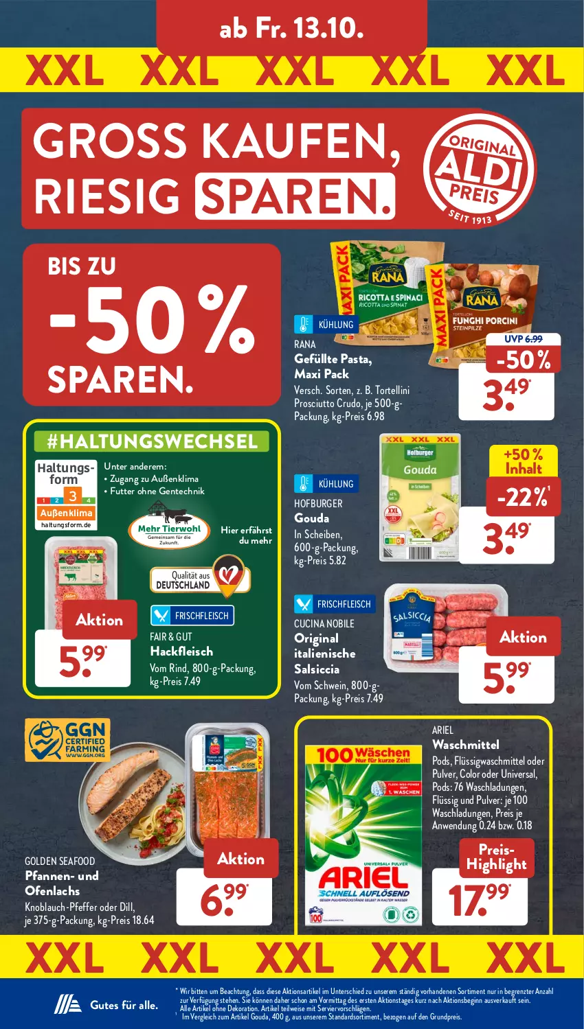 Aktueller Prospekt AldiSud - NÄCHSTE WOCHE - von 09.10 bis 14.10.2023 - strona 34 - produkty: alle artikel ohne dekoration, ariel, ariel waschmittel, burger, cin, dekoration, eis, ente, fleisch, gin, gouda, gsw, hackfleisch, knoblauch, lachs, Ofen, pasta, pfanne, pfannen, pfeffer, Pods, prosciutto, prosciutto crudo, Rana, reis, rind, salsiccia, schwein, Ti, torte, tortellini, waschmittel, wein, ZTE