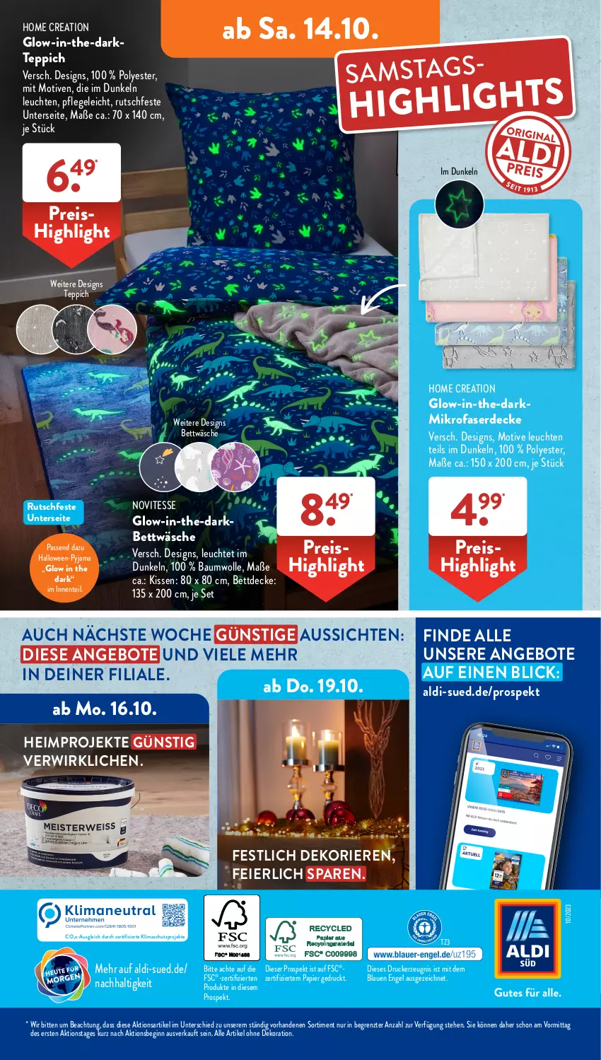 Aktueller Prospekt AldiSud - NÄCHSTE WOCHE - von 09.10 bis 14.10.2023 - strona 45 - produkty: aldi, alle artikel ohne dekoration, angebot, angebote, Bau, baumwolle, bett, bettwäsche, decke, dekoration, drucker, eier, eis, Engel, ente, erde, gin, kerze, kissen, Leuchte, leuchten, mikrofaser, papier, Pyjama, reis, teppich, Ti, wolle, ZTE