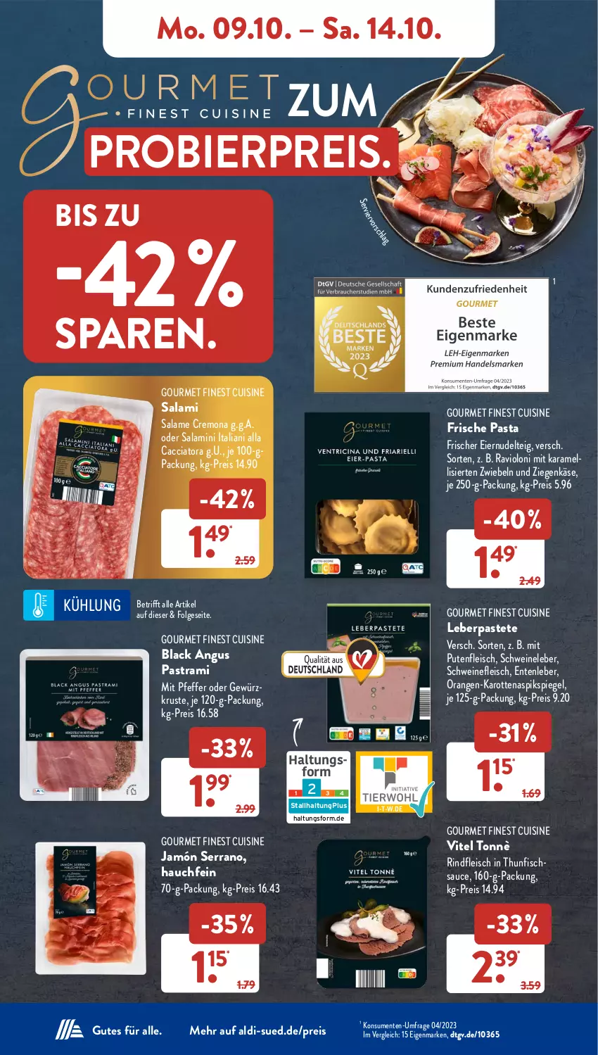 Aktueller Prospekt AldiSud - NÄCHSTE WOCHE - von 09.10 bis 14.10.2023 - strona 8 - produkty: ACC, aldi, Astra, bier, eier, eis, ente, fisch, fleisch, Frische Pasta, gewürz, jamón serrano, je 250-g-packung, karamell, karotten, Käse, lack, LG, nudel, orange, orangen, pasta, pastete, pastrami, pfeffer, pute, Putenfleisch, reis, rind, rindfleisch, salami, sauce, schwein, schweine, schweinefleisch, Schweineleber, serrano, spiegel, thunfisch, Ti, wein, weine, ziegenkäse, zwiebel, zwiebeln