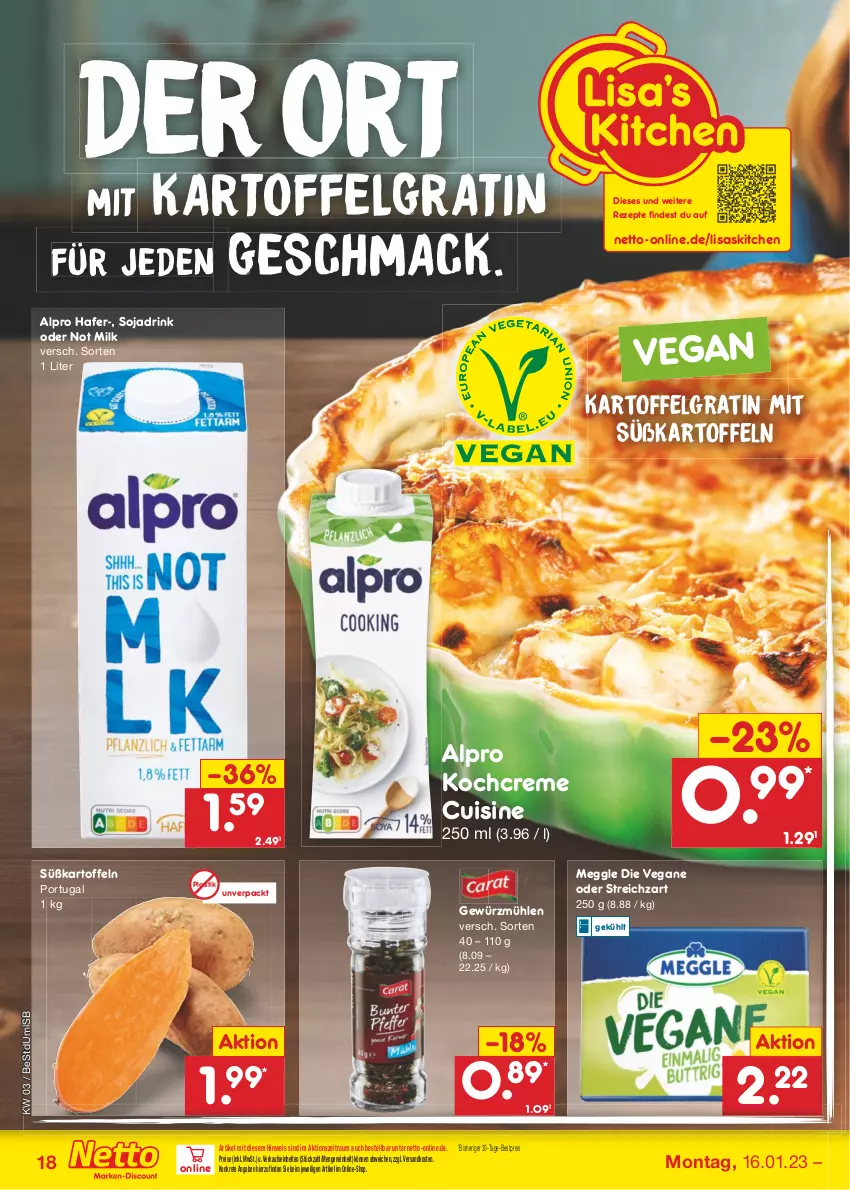 Aktueller Prospekt Netto Marken-Discount - Filial-Angebote - von 16.01 bis 21.01.2023 - strona 20 - produkty: alpro, asti, bestpreis, creme, drink, eis, gewürz, Gewürzmühle, hafer, kartoffel, kartoffeln, Kochcreme, LG, mac, meggle, ndk, reis, rezept, rezepte, soja, Sojadrink, Streichzart, Süßkartoffeln, Ti