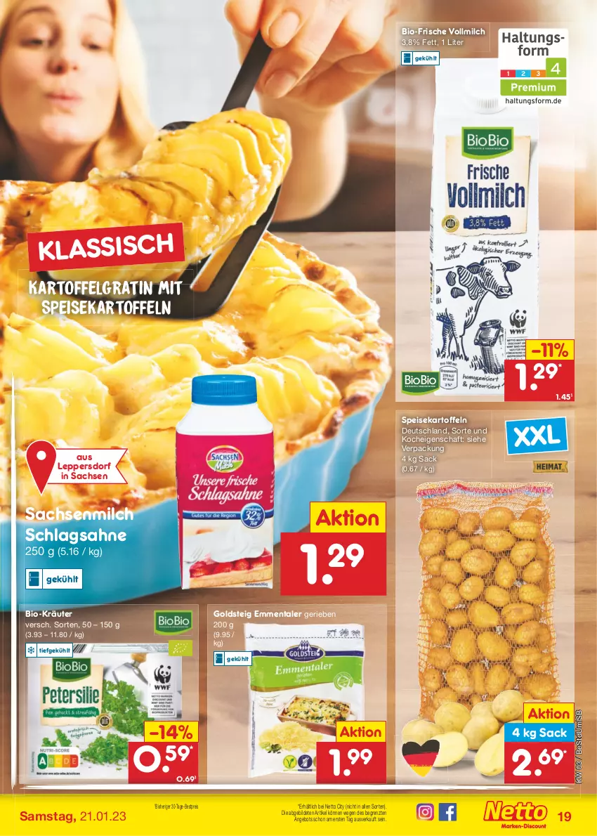 Aktueller Prospekt Netto Marken-Discount - Filial-Angebote - von 16.01 bis 21.01.2023 - strona 21 - produkty: angebot, bestpreis, bio, eis, emmentaler, goldsteig, kartoffel, kartoffeln, kräuter, LG, milch, reis, sac, sahne, schlagsahne, speisekartoffeln, Ti, vollmilch, ZTE