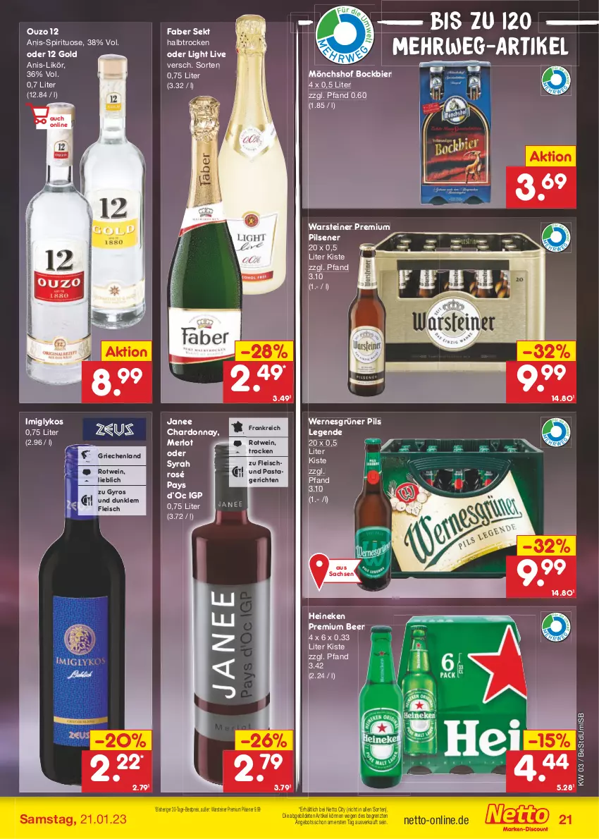 Aktueller Prospekt Netto Marken-Discount - Filial-Angebote - von 16.01 bis 21.01.2023 - strona 23 - produkty: angebot, bestpreis, bier, chardonnay, eis, fleisch, gyros, heineken, likör, merl, merlot, mönchshof, ouzo, ouzo 12, pasta, Pastagericht, pils, pilsener, premium pils, reis, rotwein, rwe, sac, sekt, steiner, Ti, warsteiner, wein, ZTE