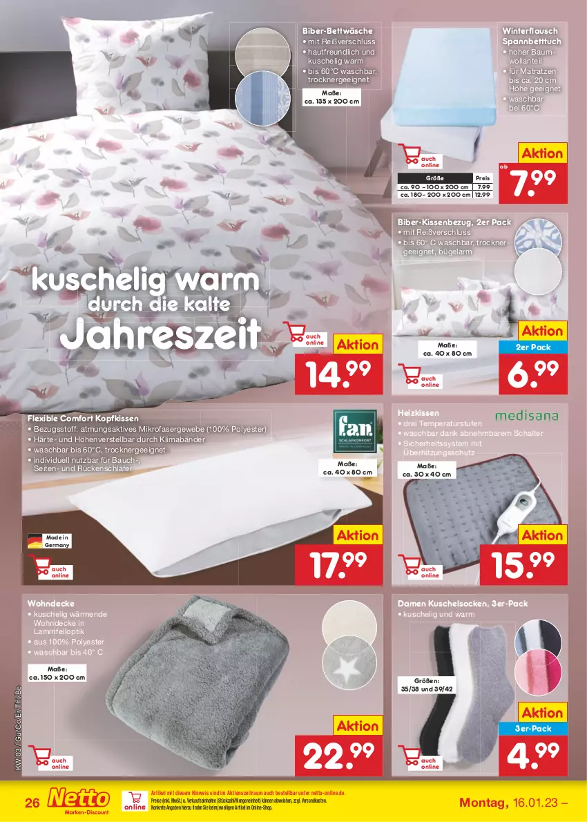 Aktueller Prospekt Netto Marken-Discount - Filial-Angebote - von 16.01 bis 21.01.2023 - strona 28 - produkty: Bau, bett, Betttuch, bettwäsche, bügel, decke, eis, Ergee, Germ, Heizkissen, kissen, Kissenbezug, kopfkissen, Kuschelsocken, lamm, Lammfell, mab, matratze, matratzen, mikrofaser, ndk, reis, Schal, socken, spannbetttuch, Ti, Trockner, tuc, überhitzungsschutz