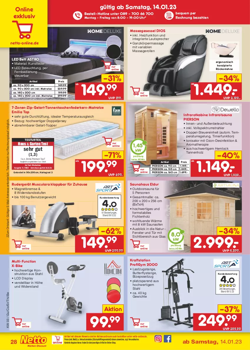 Aktueller Prospekt Netto Marken-Discount - Filial-Angebote - von 16.01 bis 21.01.2023 - strona 30 - produkty: auto, Bau, beleuchtung, bett, butter, Desinfektion, eis, federkern, fenster, fernbedienung, Garten, Holz, Innen- und Außenbeleuchtung, kraft, lautsprecher, matratze, matratzen, natur, ndk, Ofen, reis, Ria, rückenlehne, rum, sessel, Spektrum, Tasche, taschen, taschenfederkern-matratze, telefon, Ti, timer, topper, uhr, usb