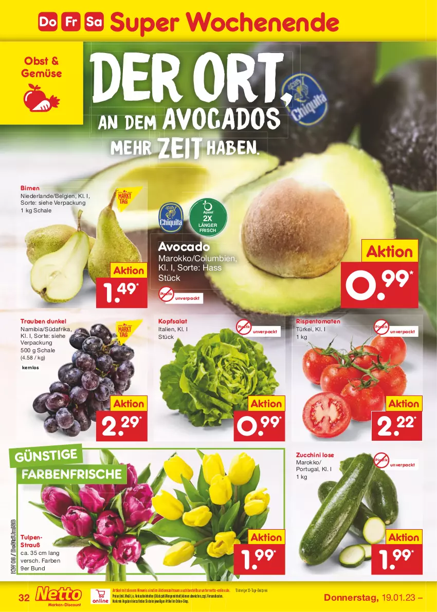 Aktueller Prospekt Netto Marken-Discount - Filial-Angebote - von 16.01 bis 21.01.2023 - strona 34 - produkty: asti, avocado, avocados, bestpreis, Birnen, eis, kopfsalat, LG, ndk, obst, reis, rispentomaten, salat, Schal, Schale, Ti, tomate, tomaten, trauben, zucchini