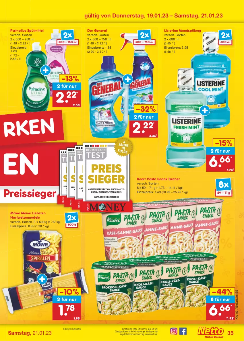 Aktueller Prospekt Netto Marken-Discount - Filial-Angebote - von 16.01 bis 21.01.2023 - strona 37 - produkty: angebot, Becher, bestpreis, eis, hartweizen, knorr, knorr pasta, listerine, mundspülung, nudel, nudeln, olive, palmolive, pasta, pasta snack, reis, reiss, snack, spülmittel, spülung, Ti, ZTE