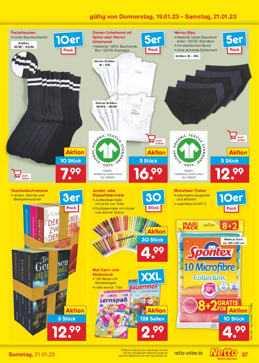 Aktueller Prospekt Netto Marken-Discount - Filial-Angebote - von 16.01 bis 21.01.2023 - strona 39 - produkty: angebot, asti, auto, Bau, baumwolle, bio, buch, elle, fasermaler, Freizeitsocken, hemd, jumbo, Ria, slip, slips, socken, Stickerbuch, Tasche, taschen, Taschenbuch, Ti, tisch, tuc, tücher, Unterhemd, wolle, ZTE