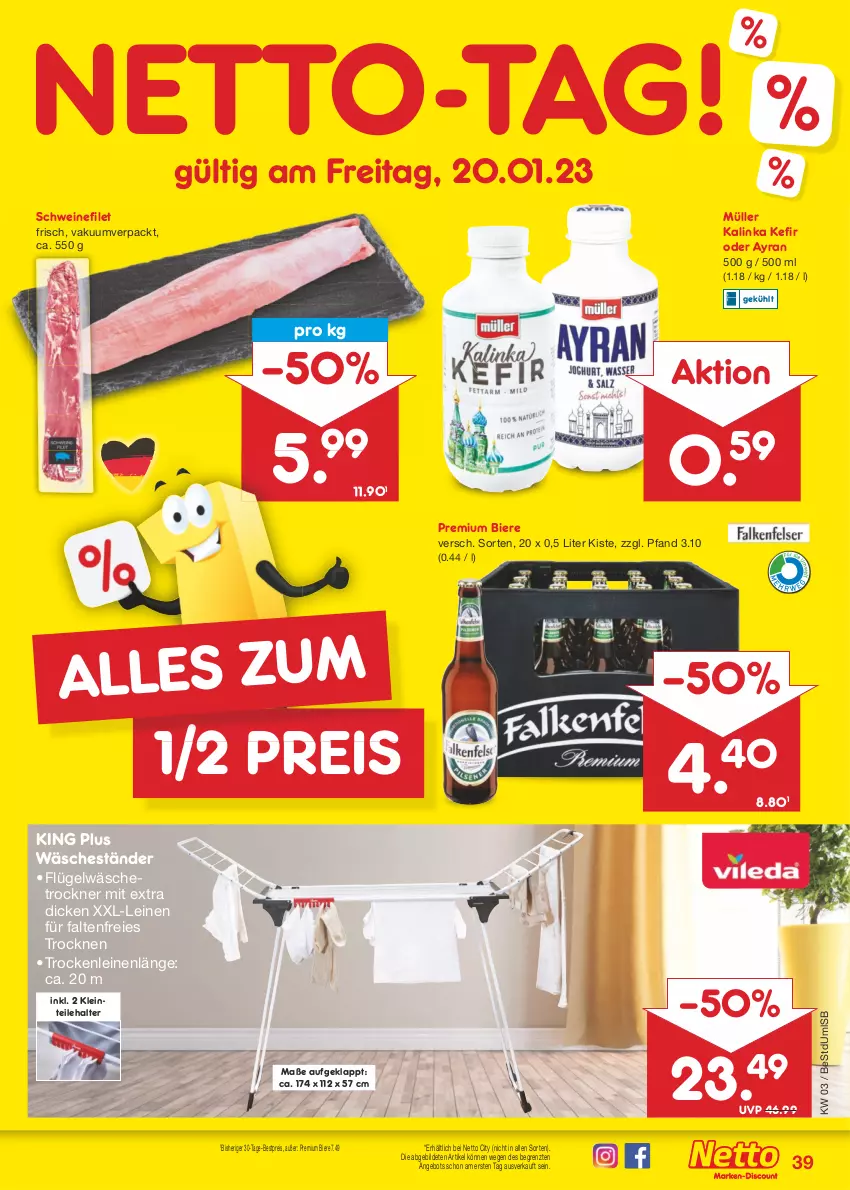 Aktueller Prospekt Netto Marken-Discount - Filial-Angebote - von 16.01 bis 21.01.2023 - strona 41 - produkty: angebot, Ayran, bestpreis, bier, Biere, eis, filet, Kefir, leine, Müller, reis, schwein, schweine, schweinefilet, Ti, Trockner, wäschetrockner, wein, weine, ZTE