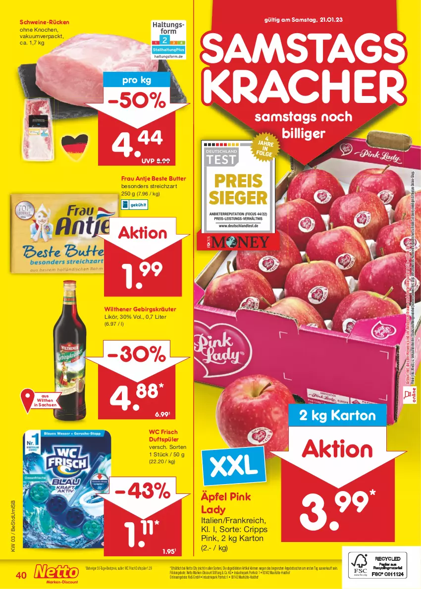 Aktueller Prospekt Netto Marken-Discount - Filial-Angebote - von 16.01 bis 21.01.2023 - strona 42 - produkty: angebot, angebote, beste butter, bestpreis, butter, discount, eis, frau antje, Holz, kracher, kräuter, likör, marken-discount, ndk, Pink Lady, reis, sac, schwein, schweine, Streichzart, Ti, wc frisch, wein, weine, wilthener, ZTE