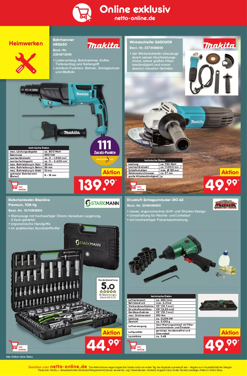 Aktueller Prospekt Netto Marken-Discount - Filial-Angebote - von 16.01 bis 21.01.2023 - strona 44 - produkty: angebot, Bohrhammer, eis, Holz, koffer, lack, LG, messer, ndk, Rauch, reis, rum, Schal, Ti, tisch, werkzeug, werkzeuge, Winkelschleifer, ZTE