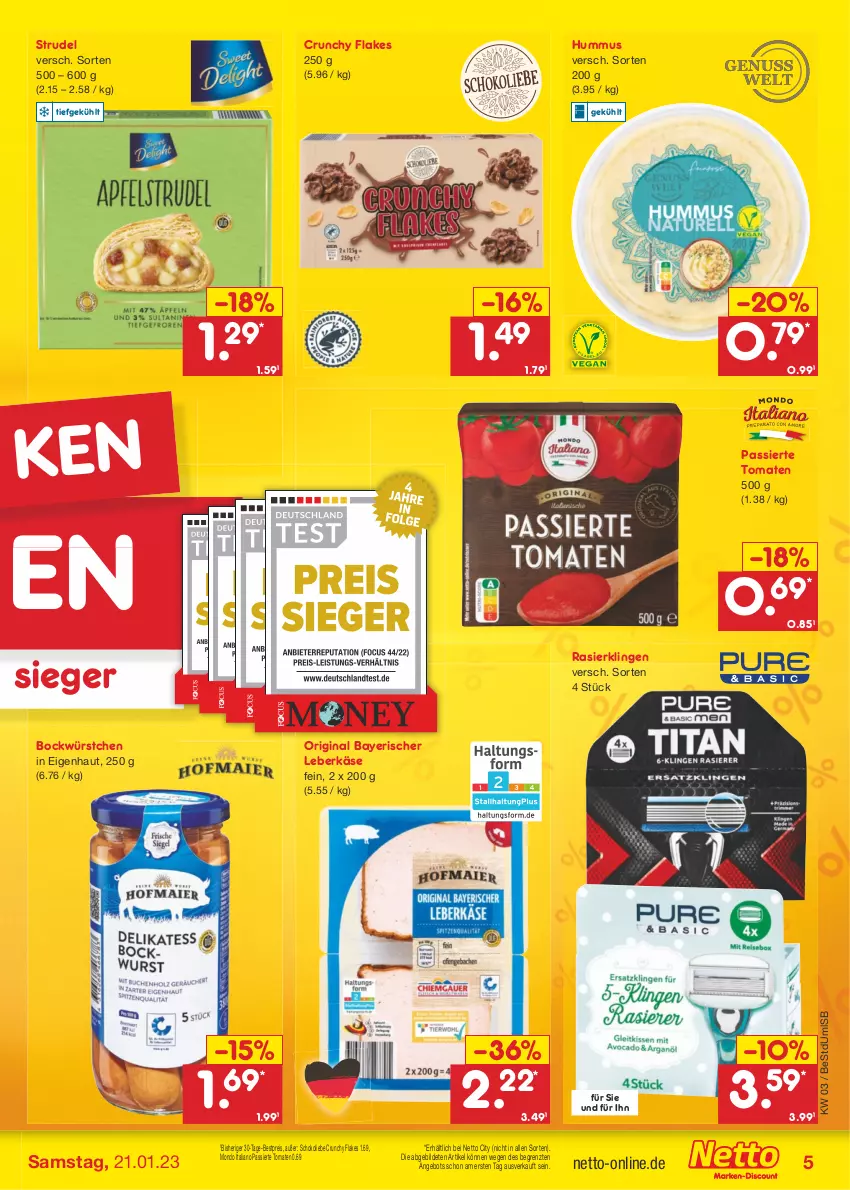 Aktueller Prospekt Netto Marken-Discount - Filial-Angebote - von 16.01 bis 21.01.2023 - strona 7 - produkty: angebot, bestpreis, eis, flakes, gin, hummus, Käse, leberkäs, leberkäse, Rasierklinge, rasierklingen, reis, schoko, Strudel, Ti, tomate, tomaten, würstchen, ZTE